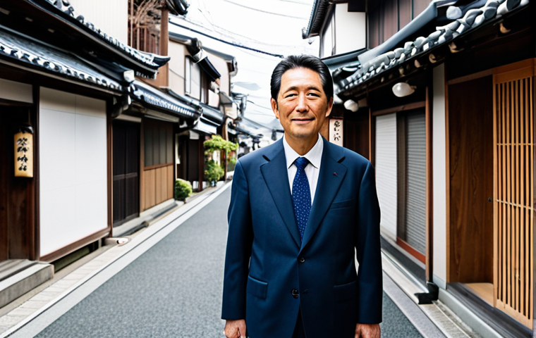 A professional real estate appraiser, fully clothed in a modest business suit, standing in a charming, slightly aged Japanese shopping street. The appraiser is thoughtfully observing the details of the street, capturing its unique atmosphere and the subtle nuances of local life, emphasizing the importance of on-site intuition. Traditional Japanese architecture and community elements create a warm, inviting backdrop. Soft, natural lighting. Professional photography, high quality, perfect anatomy, correct proportions, natural pose, well-formed hands, proper finger count, safe for work, appropriate content, fully clothed, professional dress, family-friendly.