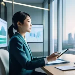 감정평가사의 업무 환경 개선 방법 - **Prompt for an AI-powered data analysis scene:**
    "A sophisticated, modern Japanese real estate ...