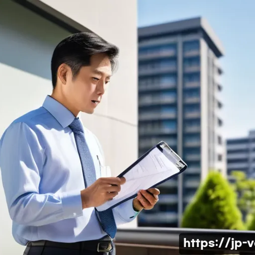 감정평가사 실무 사례 공유 - A professional Japanese real estate appraiser conducting a detailed on-site property inspection in a...