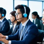 감정평가사의 디지털 트렌드 활용 - A modern Japanese call center scene with diverse employees wearing professional attire, actively eng...