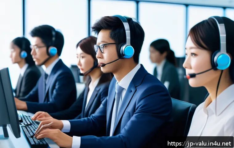 감정평가사의 디지털 트렌드 활용 - A modern Japanese call center scene with diverse employees wearing professional attire, actively eng...