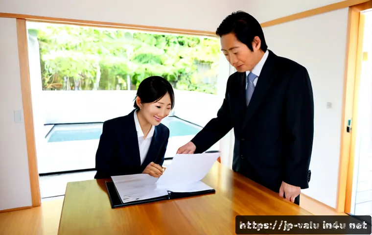 감정평가사의 고객 신뢰 구축 방법 - Photorealistic Japanese property appraiser in a neat professional suit warmly meeting an older homeo...