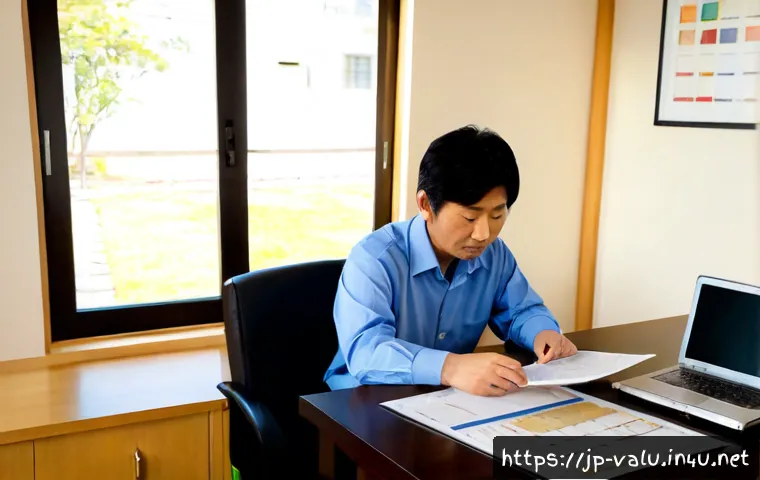 감정평가사의 지속적인 학습 방법 - Photorealistic Japanese property appraiser in a neat home office, mature professional reviewing prop...